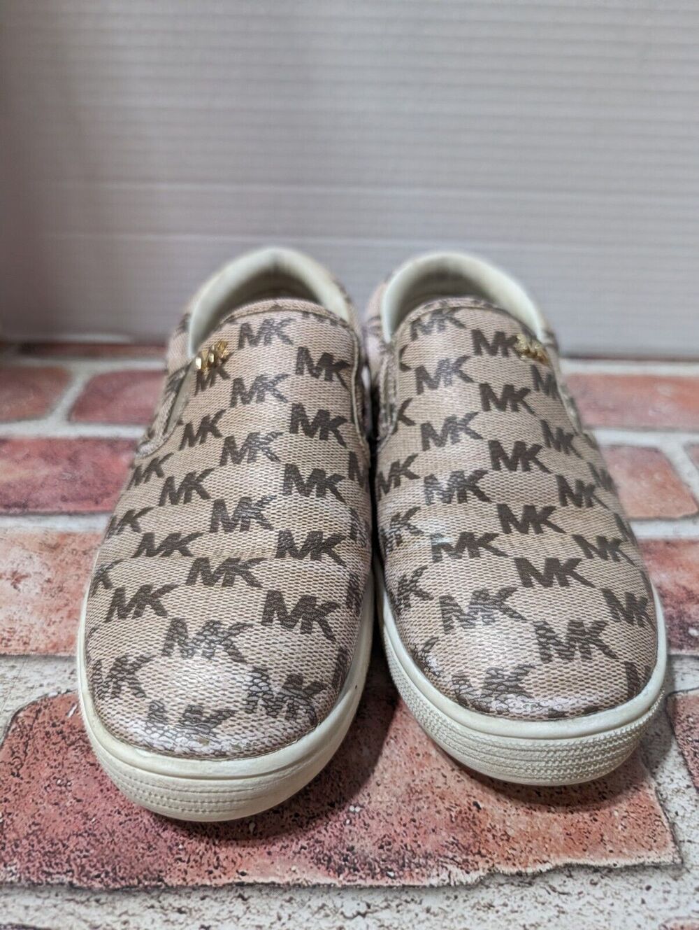 MK Michael Kors Youth Keaton Slip On Sneakers Flats 3 Canvas MK Logo Tan